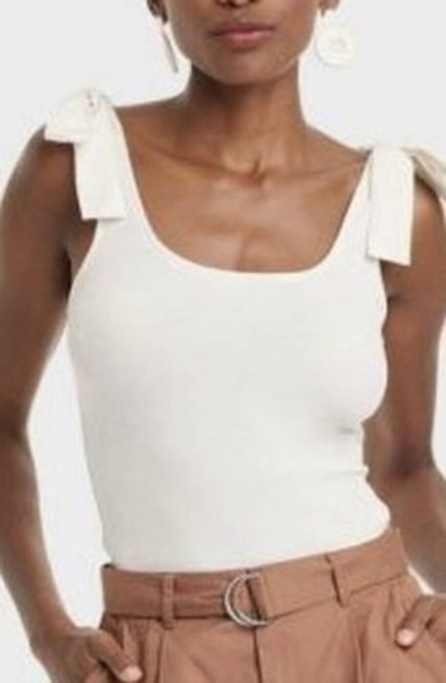 On 34th Ribbed Bow-Shoulder Tank Top Women's Large White Sleeveless Scoop Neck